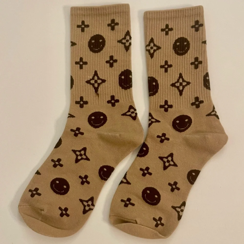 Brand New | Monogram Smiley Face Crew Socks - Tan & Brown